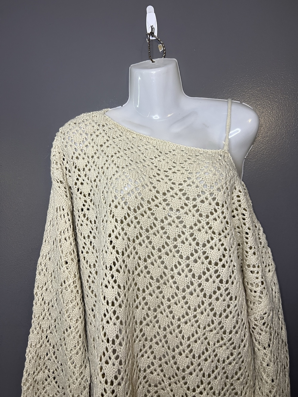 Cupshe Sweater Womens Medium White Crochet Open Knit Boat Neck Strap Pullover